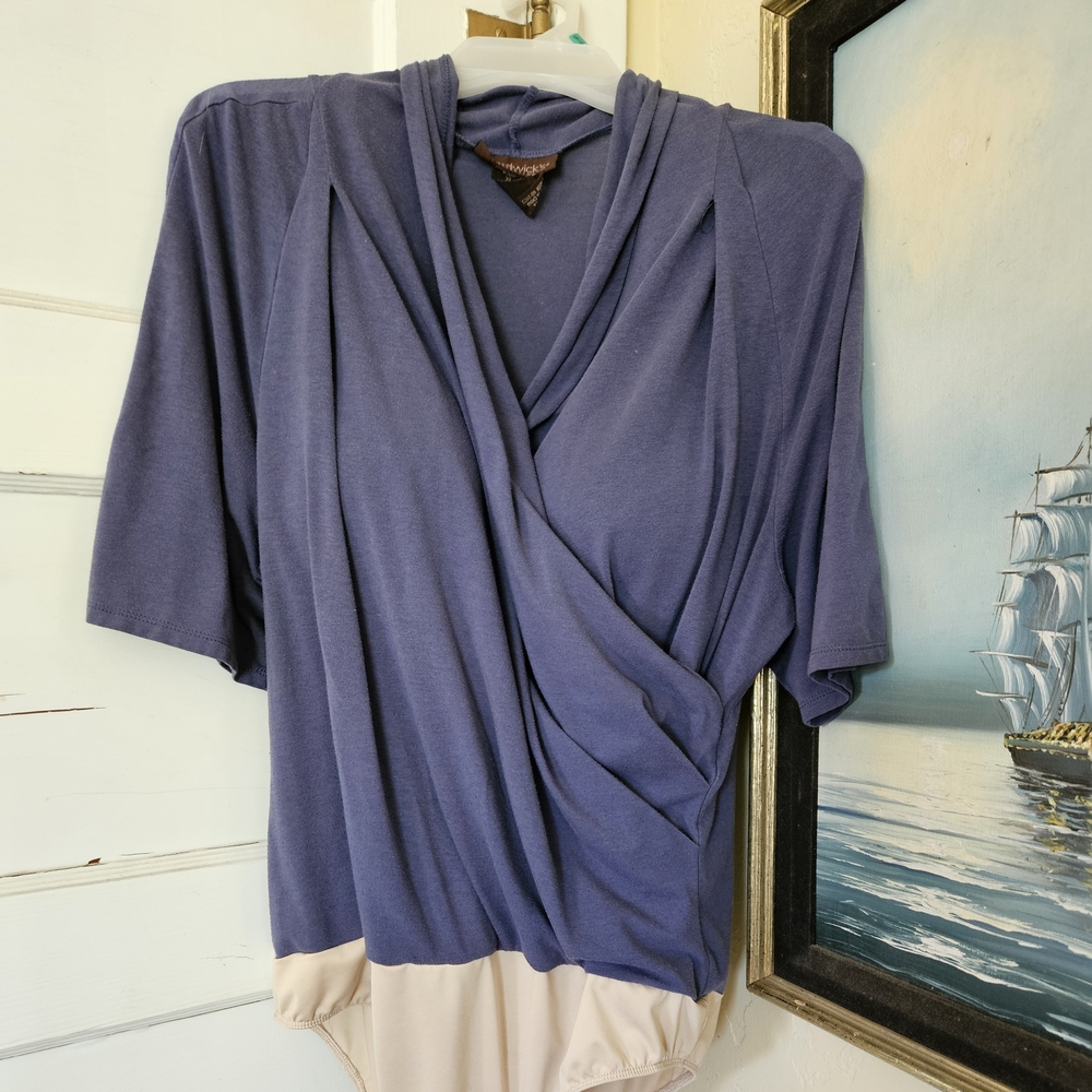 Chadwicks Blue and Cream Wrap Bodysuit